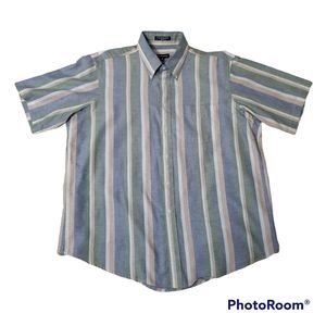 Hathaway Blue Green Red White Striped Button Collar & Front SS Shirt Men's 17.5